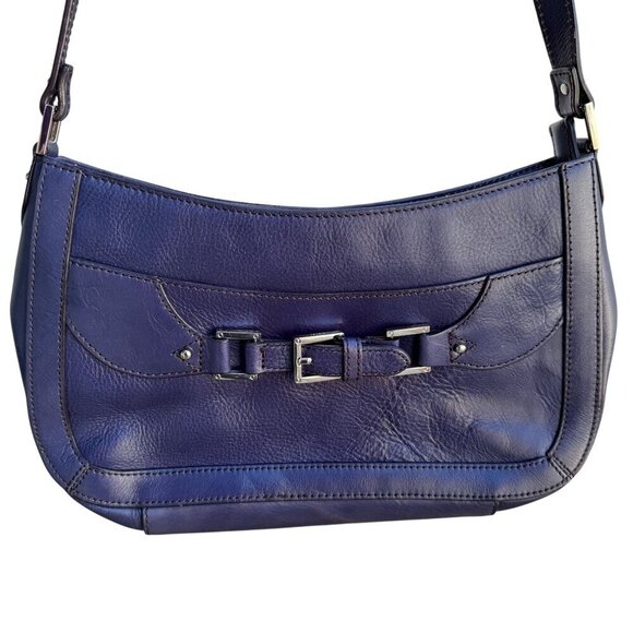 Etienne Aigner Navy Leather Buckle Detail Silver Hardware Shoulder Hobo Bag - Picture 3 of 12